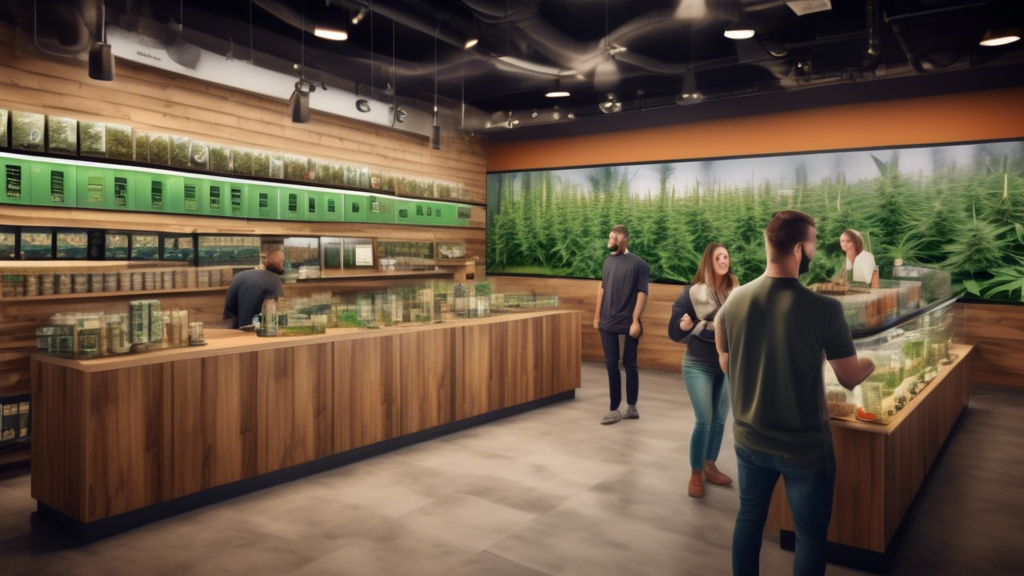 Create an image of a bustling, modern cannabis dispensary in Maryland, with shelves stocked with various cannabis products, a happy customer receiving their purchase from a friendly staff member, and 