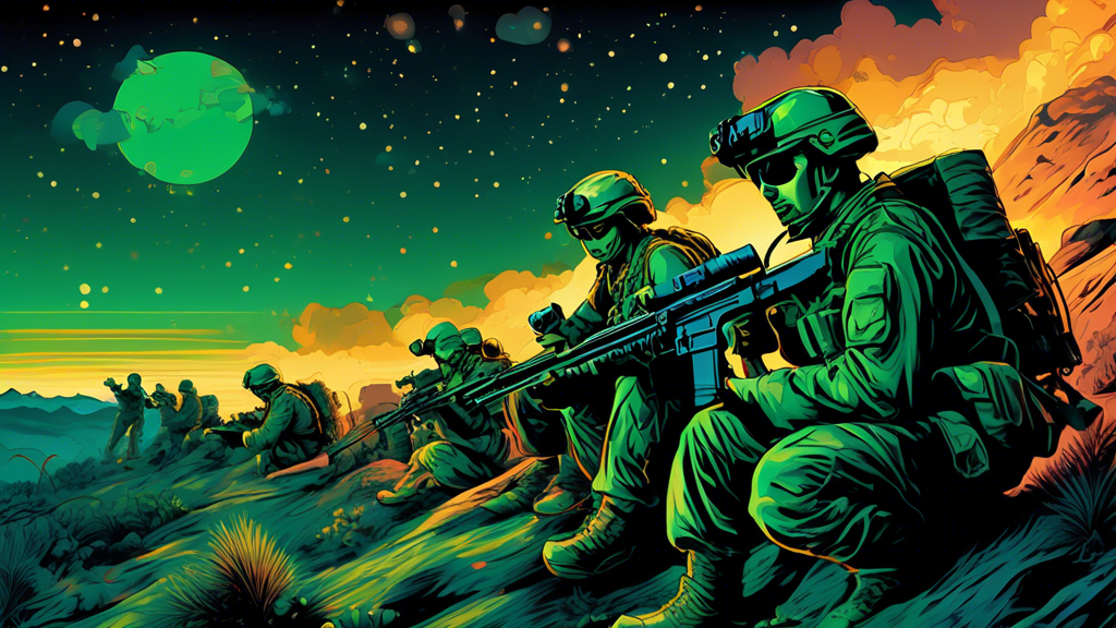 Create an image depicting military personnel operating during a night shift. The scene should be illuminated by the low, green glow of night-vision goggles, highlighting soldiers in combat gear as the