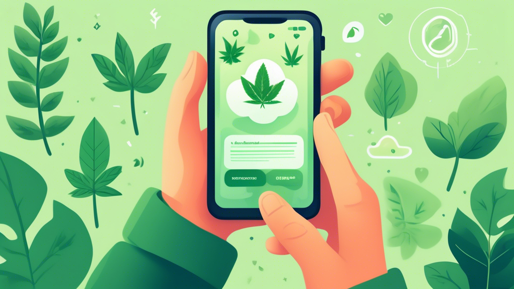 Create a digital illustration of a person holding a smartphone with an app interface displayed on the screen, illustrating a journey towards quitting marijuana. The background should feature calming, 