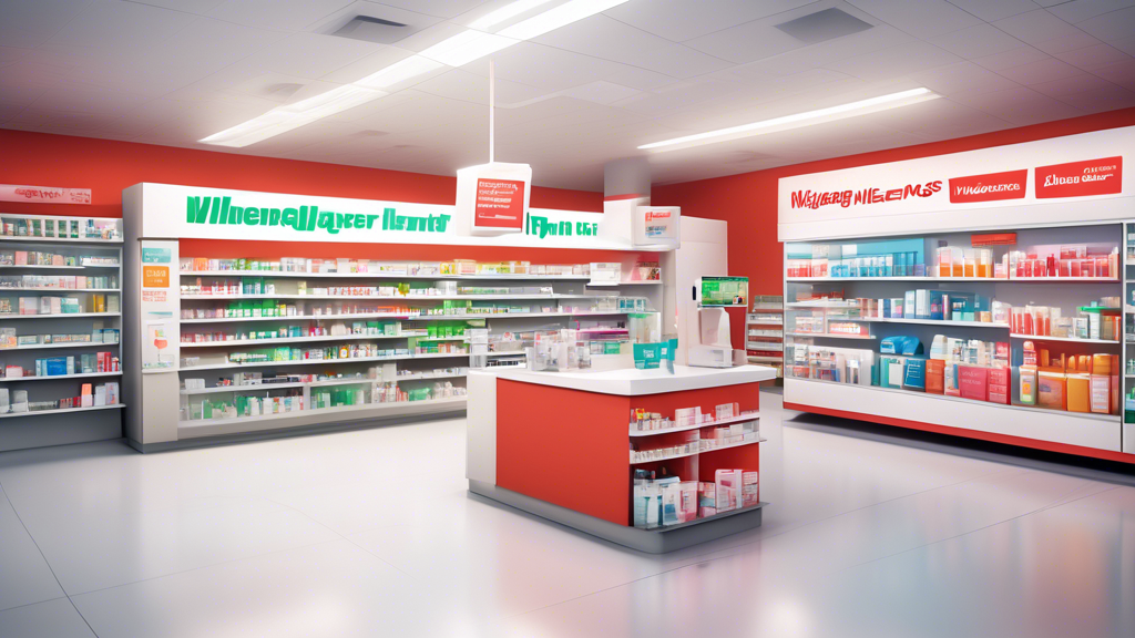 Create an illustration of a modern Walgreens pharmacy interior with a prominent display for marijuana drug test kits. Showcase bright, clear signage indicating the availability of these test kits, and