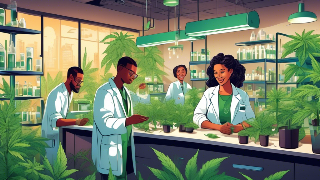 Create a detailed illustration of diverse professionals working in various aspects of the marijuana industry. Include scenes such as a well-lit, modern dispensary with a friendly budtender assisting a