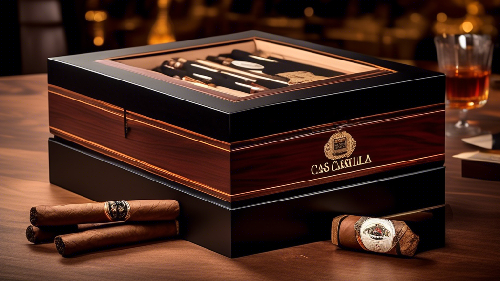 Create an image that showcases a luxurious cigar box labeled Casa Carrillo Series I Ultra Black. The box should be open, revealing elegantly crafted cigars inside. Surrounding the box, include element