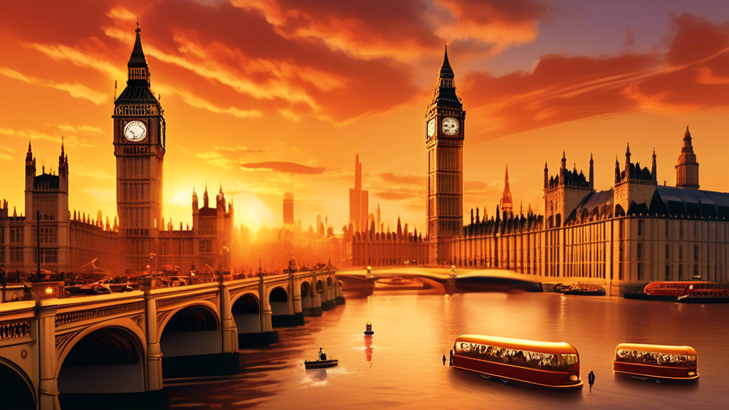 Create an image of London's iconic skyline featuring landmarks like Big Ben and the London Eye, bathed in a warm, golden sunset. In the foreground, add stylish cigar lounges celebrating Habanos World 