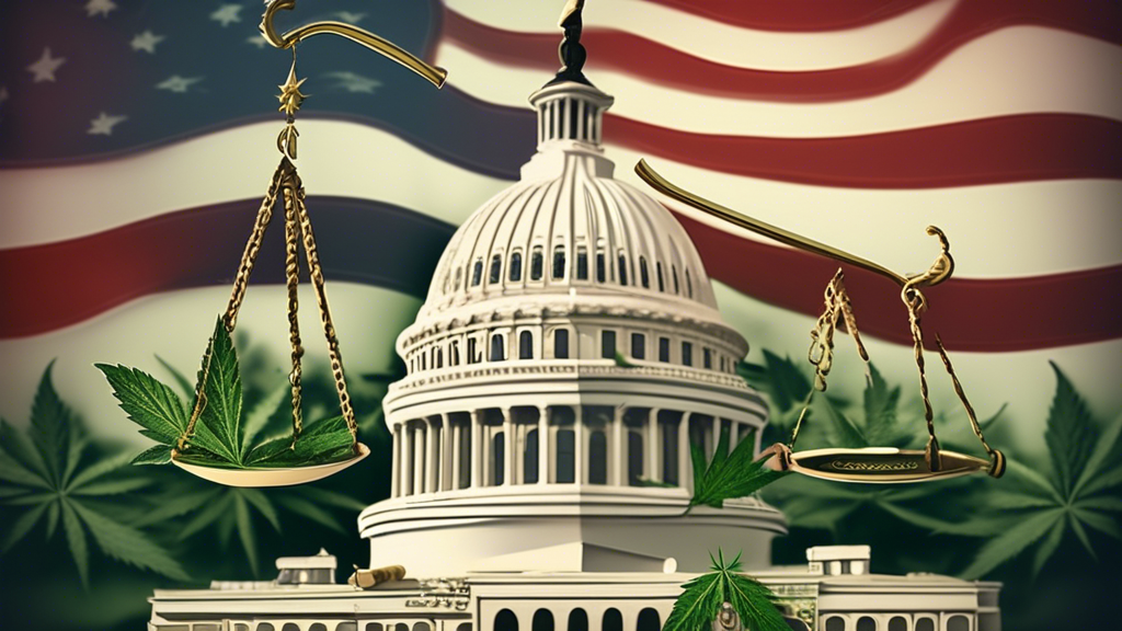 Create an image that portrays a balanced scale, symbolizing justice, with a cannabis leaf on one side and a gavel on the other. The background should feature the U.S. Capitol Building subtly integrate