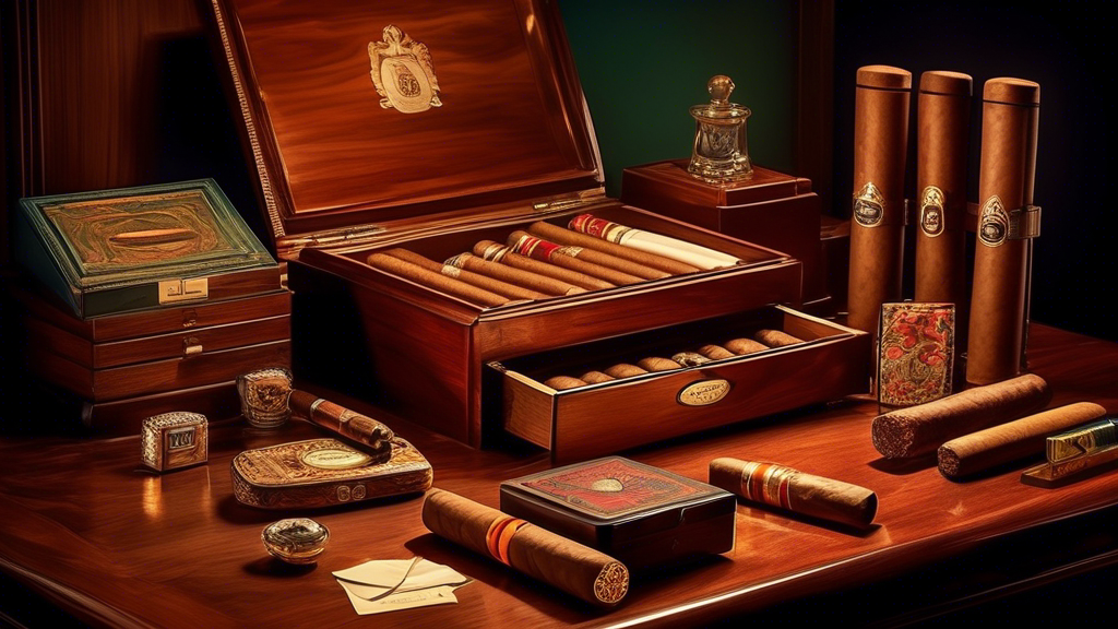 An elegant, vintage wooden desk adorned with a variety of luxurious cigar cases, each unique in design, alongside an open cigar box displaying an exquisite collection of cigars, in a dimly lit room with a hint of sophistication and class.