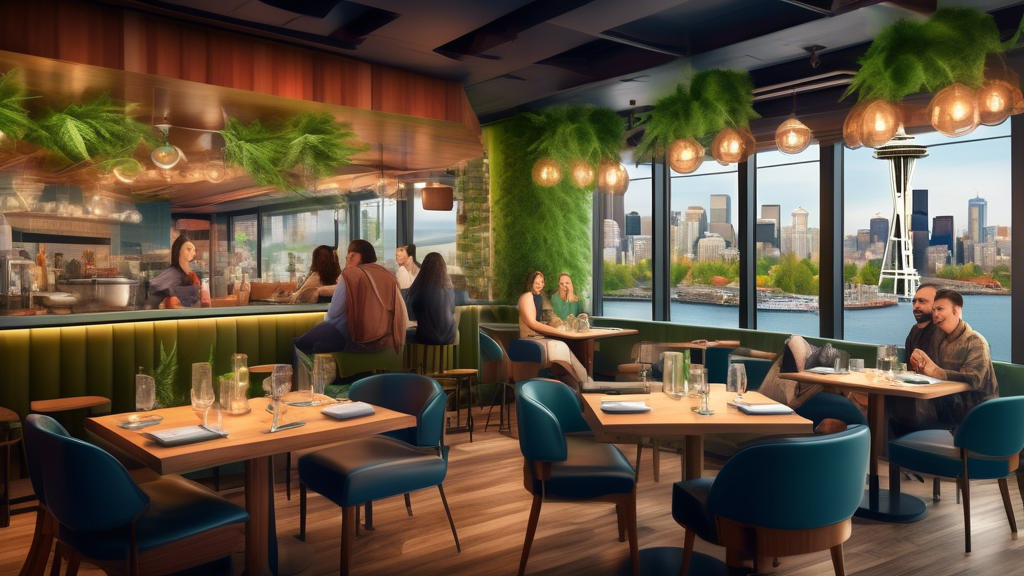 Create a vibrant, detailed image of a trendy, modern restaurant in Seattle with a subtle hint of cannabis culture. Show patrons enjoying gourmet meals, some infused with marijuana, in an inviting, ups