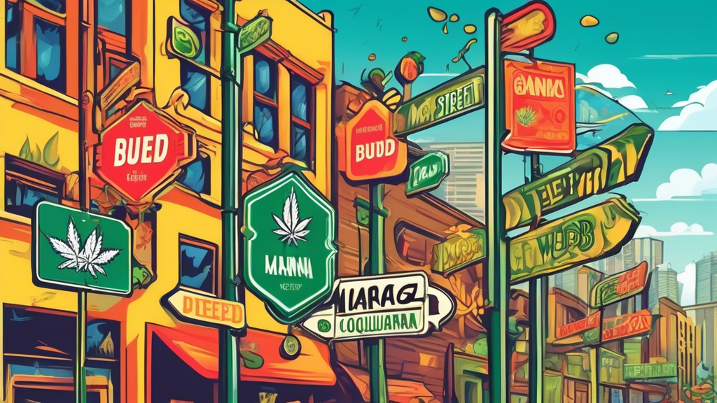 Create an image that illustrates different colloquial street names for marijuana. Depict this by showing a variety of small, creatively designed signs or labels in a colorful, urban setting, with each