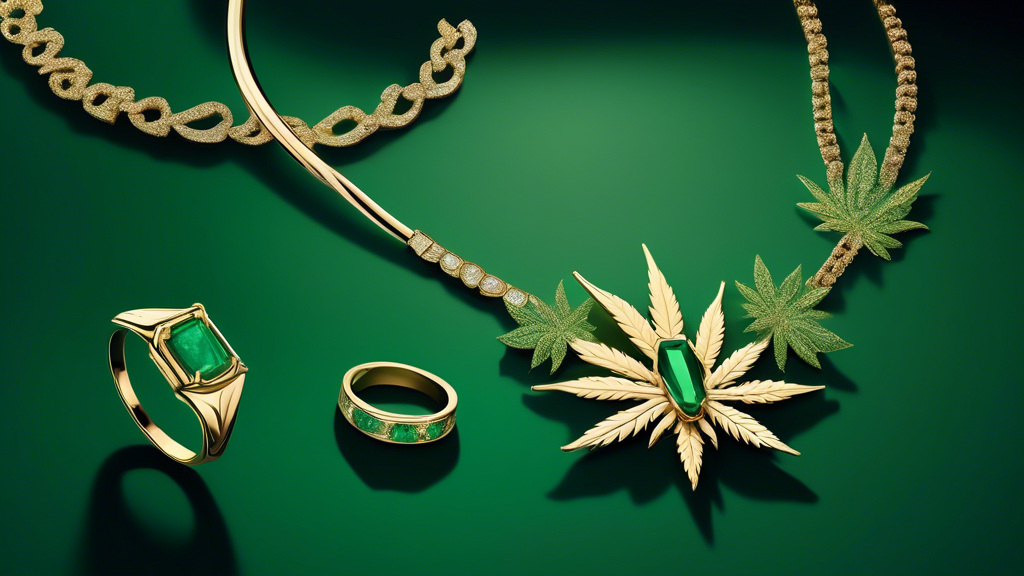 Create a high-end jewelry advertisement featuring elegant and sophisticated marijuana-inspired designs. Highlight a stylish necklace, rings, and earrings that incorporate cannabis leaf motifs, emerald