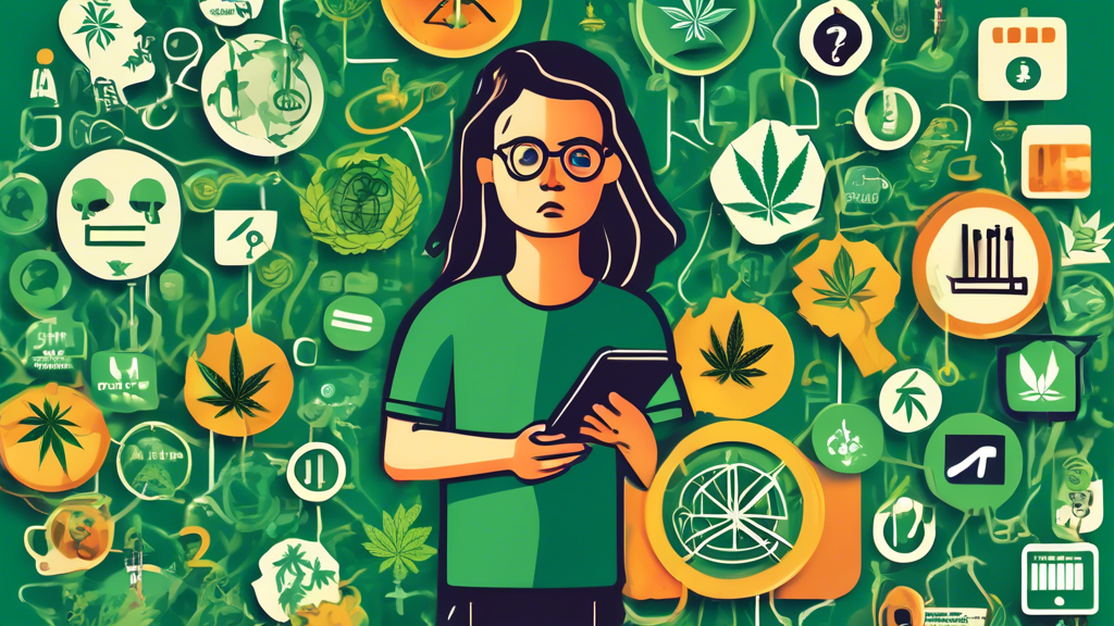 Create an image illustrating the chaos of navigating cannabis laws and the prevalence of online misinformation. Include a person holding a tablet looking frustrated and surrounded by a confusing web o