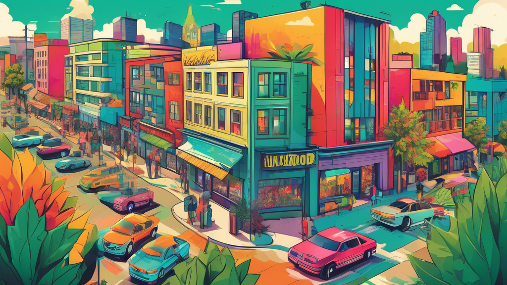 An illustrated cityscape of Lakewood with vibrant, colorful marijuana dispensaries dotted throughout, showcasing diverse architectural styles and lively characters of different demographics visiting t