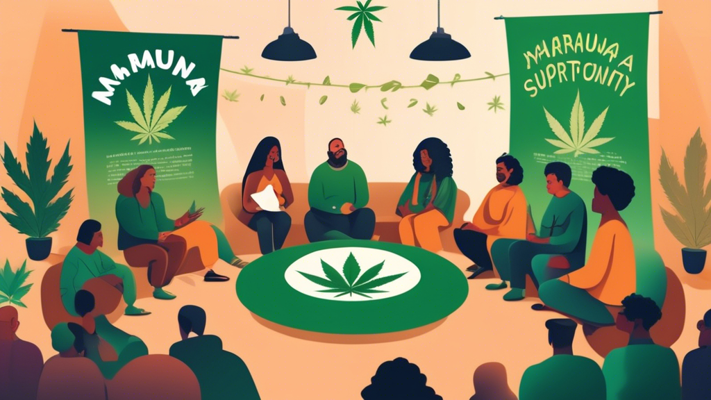 Create an illustration of a diverse group of individuals sitting in a circle in a cozy, welcoming room. They are engaged in a 12-step meeting for marijuana recovery, with a banner in the background th