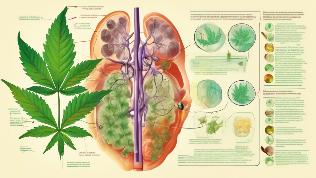 An illustration portraying the connection between marijuana use and kidney stones: A cross-sectional view of the human body highlighting the kidneys with an illustrative overlay of cannabis leaves. On