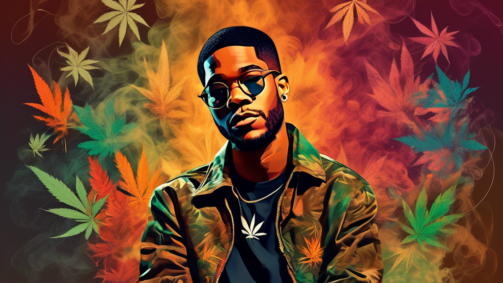 Create an image of rapper Kid Cudi in a relaxed and thoughtful pose, surrounded by vibrant, artistic elements representing marijuana, such as abstract cannabis leaves and smoke patterns. The backgroun