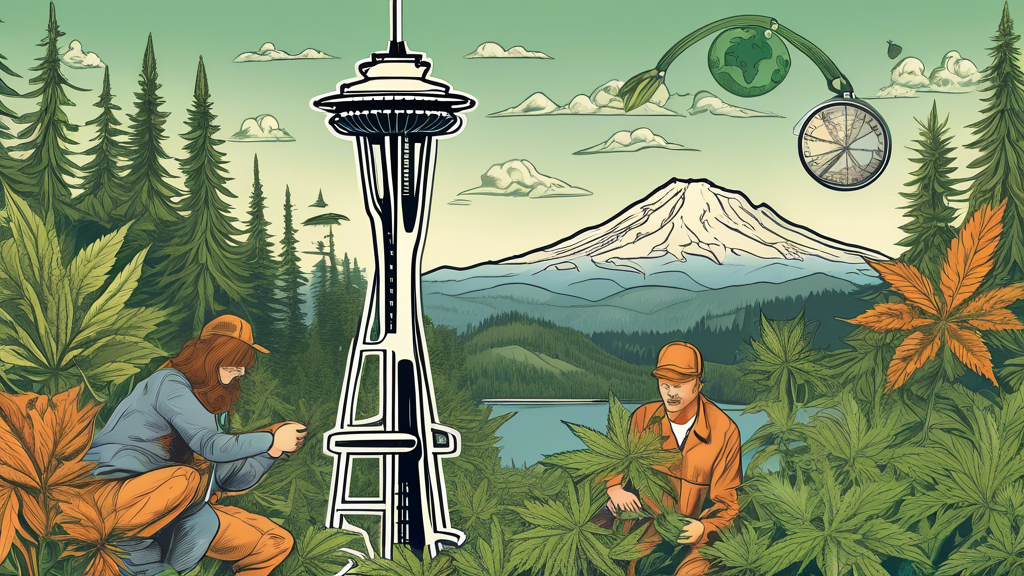 Create a detailed illustration depicting the marijuana testing process and legal regulations in Washington State. Include iconic Washington State imagery such as the Space Needle and Mount Rainier in 