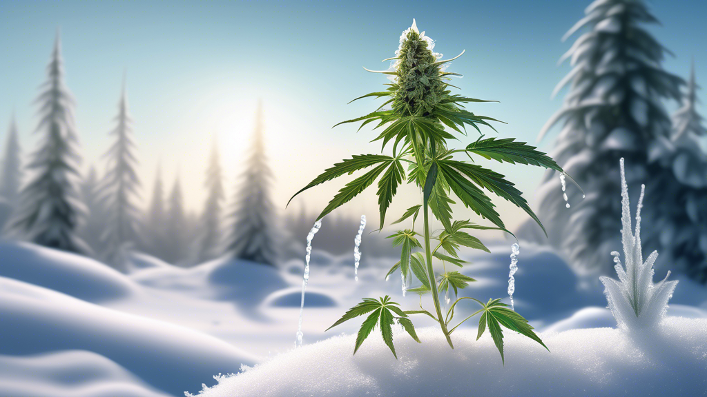 Create a detailed image of a cannabis plant thriving in an outdoor winter setting. The cannabis plant is surrounded by a snowy landscape with frost on its leaves, under a clear, cold sky. Include natu