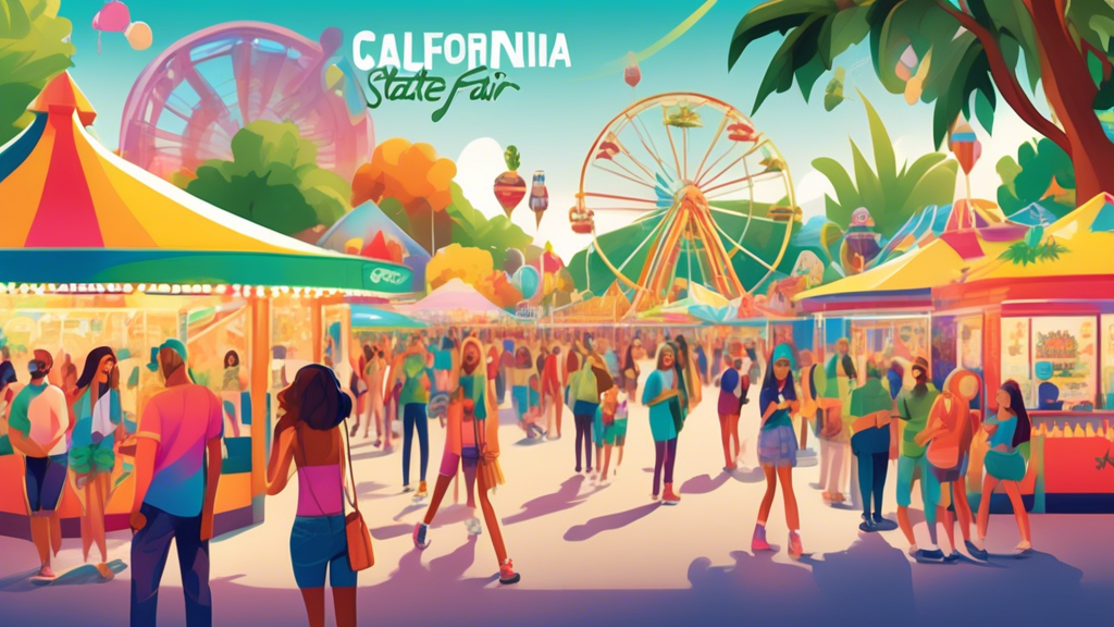 Create an image depicting the 2024 California State Fair with vibrant festival activities. Highlight a pioneering exhibit on cannabis featuring educational displays, lush green plants, and attendees e