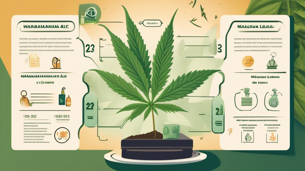 Create an informative illustration depicting the key elements of the Marijuana 1-to-3 Act of 2023. The scene should include a balanced scale weighing marijuana leaves on one side and legal documents o