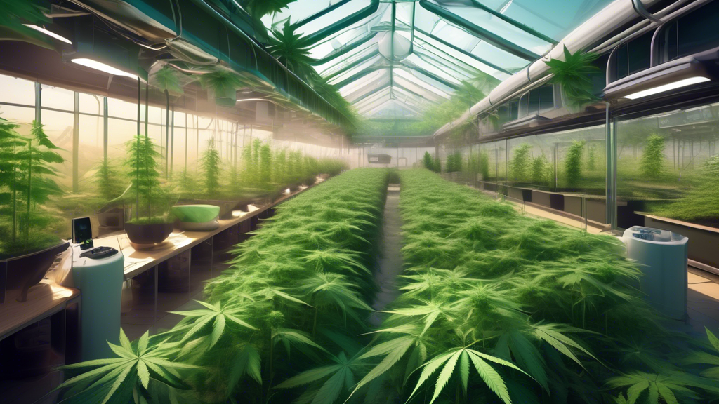 Create an image of a dynamic, futuristic landscape symbolizing the marijuana industry, featuring a blend of modern greenhouses, high-tech labs, retail stores, and lush cannabis fields. Incorporate div