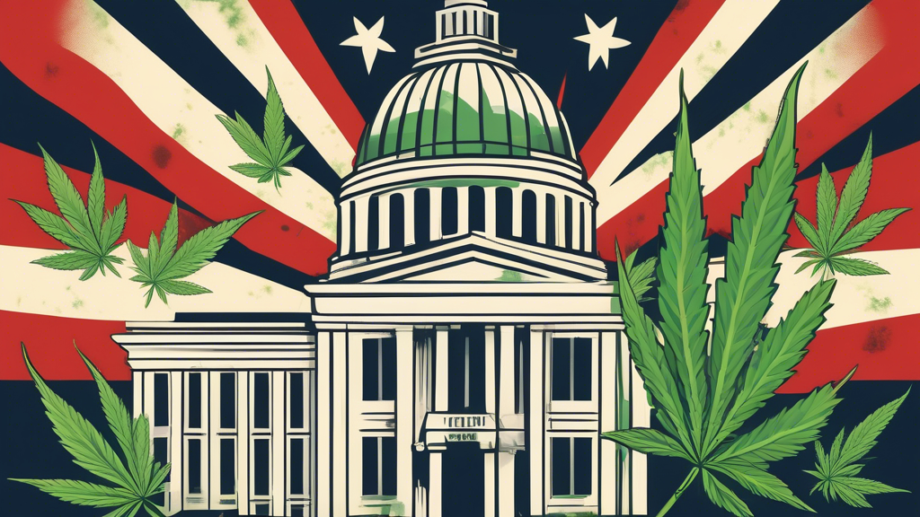 Create an image showing a government building with an American flag in the background. The building should feature symbols representing both cannabis leaves and legislative documents. The setting shou