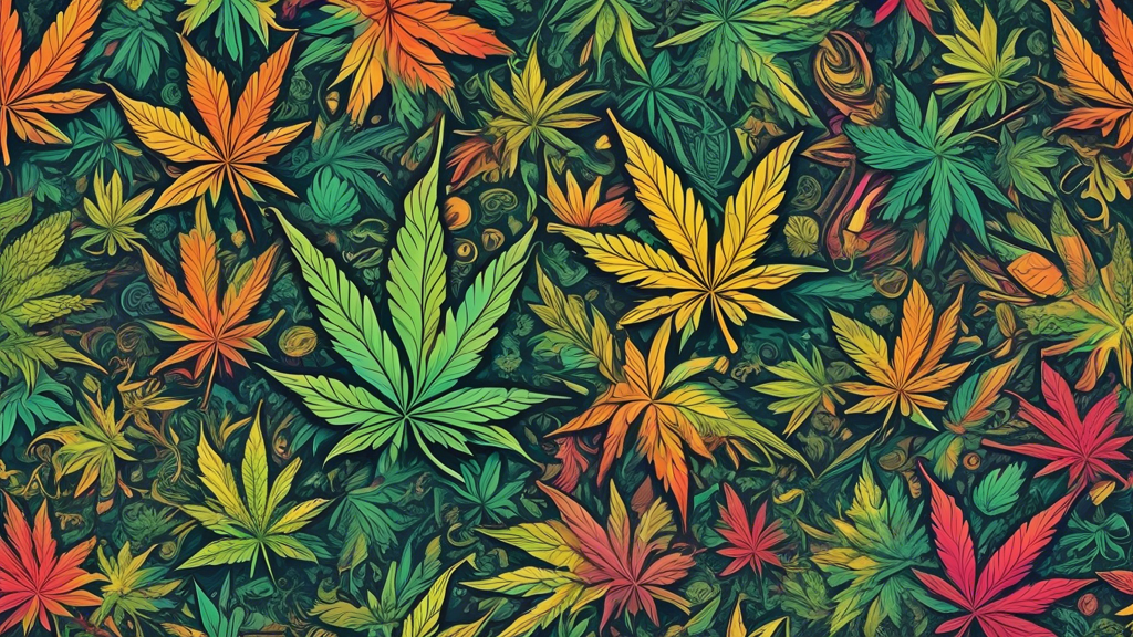 Create an intricate collage featuring marijuana-themed clipart in various creative applications such as in digital art projects, social media graphics, and educational materials. The collage should in