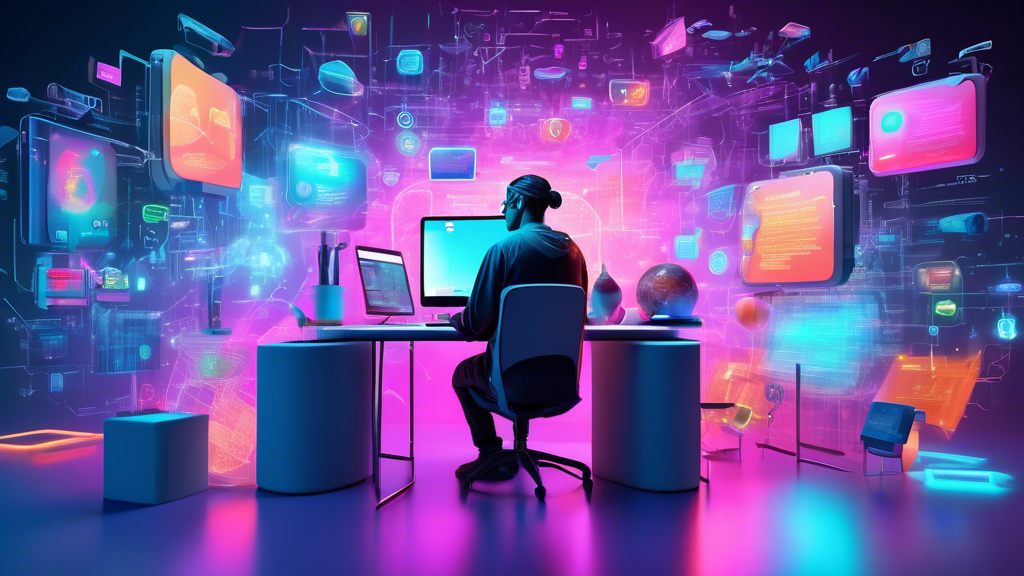 An artist at a modern digital workstation, surrounded by floating 3D holograms of keywords and SEO tools, deeply focused on creating engaging content on a futuristic computer.