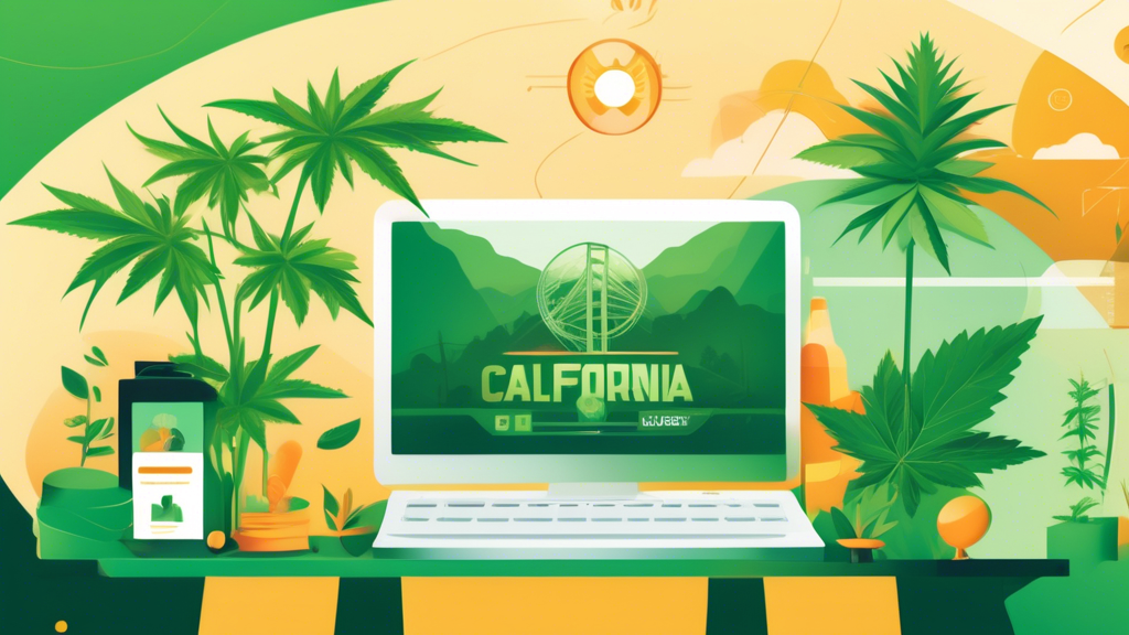 Create an illustration of a virtual webinar focusing on the future of the California cannabis industry. The scene should capture a computer or tablet screen displaying a video conference with diverse 