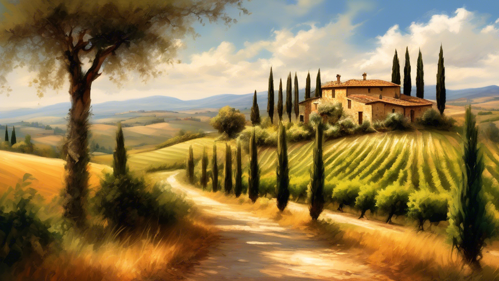 Create an image of the scenic Tuscan countryside in Italy. Picture rolling hills covered in vineyards and olive groves, with a charming rustic farmhouse in the distance. The sky should be a clear blue