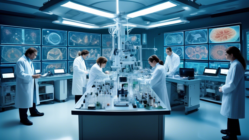 Create an image of a futuristic laboratory with advanced scientific equipment. In the center, a team of researchers examines a complex microscopic organism labeled Strain Nf1 on a high-resolution digi