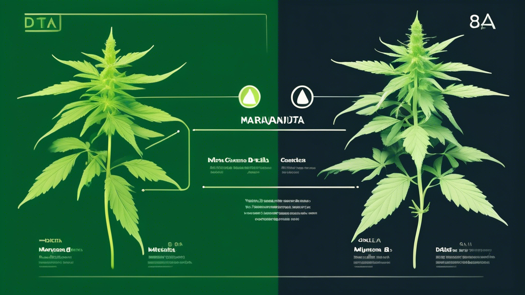 Create an image showcasing the differences between marijuana and Delta-8. On the left side of the image, depict a cannabis plant with distinct green leaves and buds, labeled Marijuana. On the right si