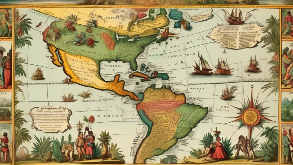 An 18th-century illustrated map of North and South America, with colorful annotations highlighting the spread of cannabis. Include historical figures from various cultures discussing the plant, Aztec 