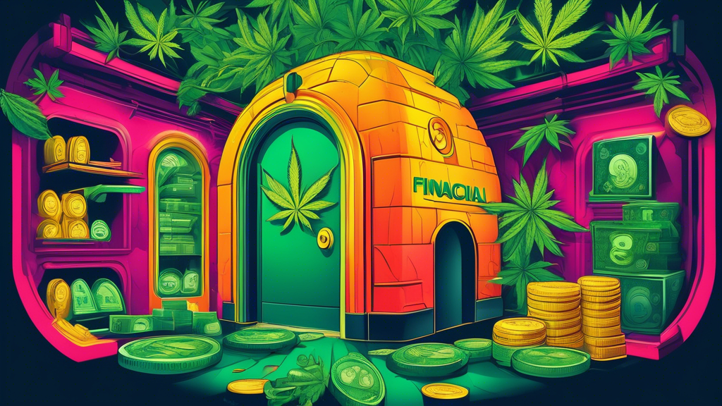 Create an image depicting a vibrant marijuana dispensary surrounded by traditional financial institutions such as banks, with a metaphorical key unlocking a giant vault door labeled 'Financial Access'