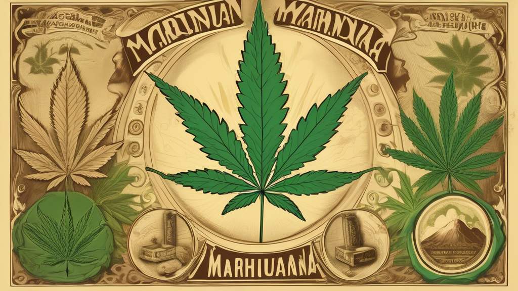 Create an informative illustration that visually contrasts Marijuana and Marihuana. On one side, depict a modern, colorful representation of cannabis with the label Marijuana including elements like a