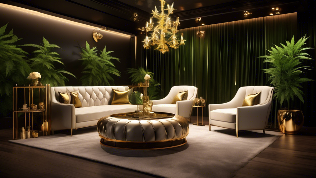 Create an image showcasing the luxurious and posh side of 'Zaza,' the premium marijuana variant. The scene should include a high-end, chic setting with gold accents, elegant glass containers displayin