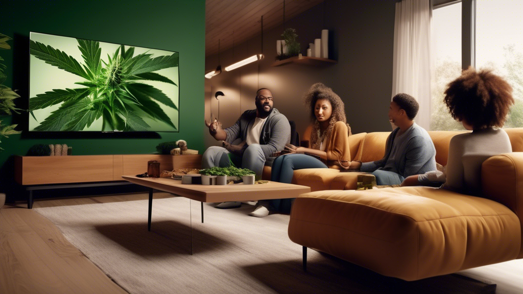 Create an image showing a sleek, modern living room where a television is displaying an eye-catching commercial about marijuana. Show reactions from diverse individuals in the room, some looking shock