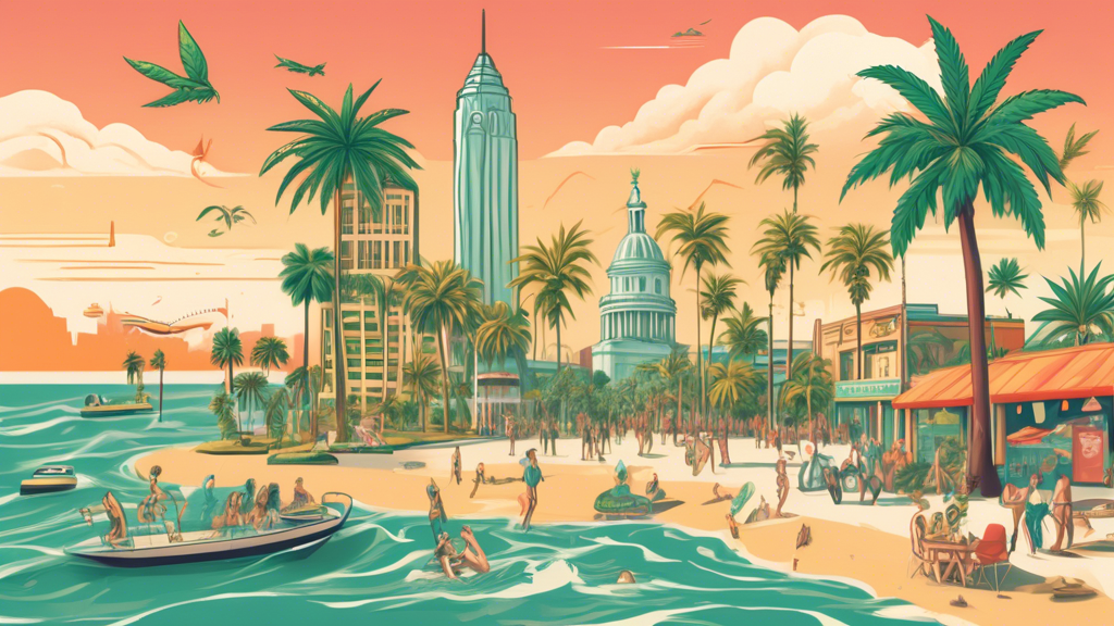 Create an illustration depicting the evolving landscape of marijuana laws in Florida for the year 2024. The scene should feature a modern Florida cityscape with iconic landmarks, like palm trees and b