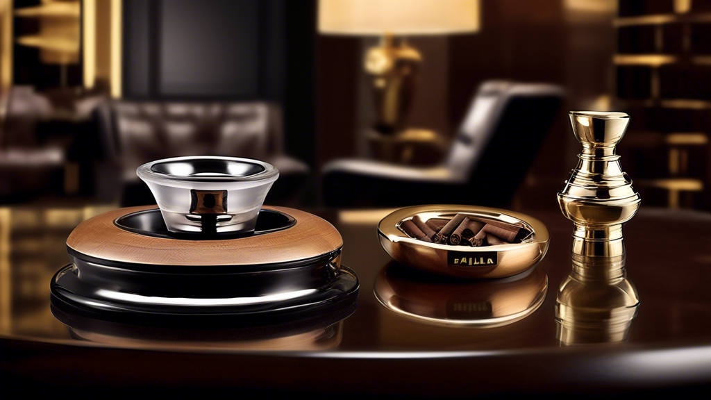 Create a high-definition product image of the new Palió Tazza Piccola ashtray by Quality Importers. The ashtray should be shown in an elegant setting with a luxurious ambiance, such as a modern cigar 