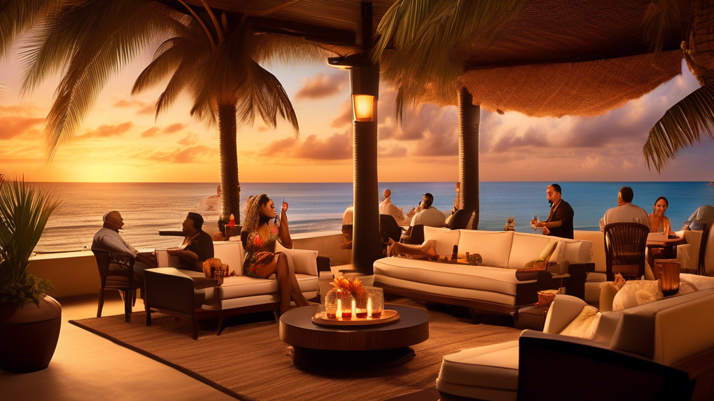 Create an image of a sleek, modern beachside lounge with patrons enjoying Zino Cigars. The scene includes a beautiful sunset over the ocean and a detailed itinerary board showing dates and locations f