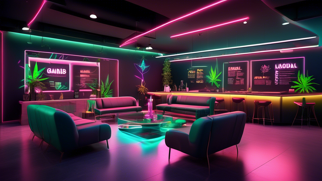 Create an image depicting a stylish and modern cannabis consumption lounge in Las Vegas. The interior should feature sleek, comfortable seating, vibrant neon lights, and a relaxed atmosphere with patr