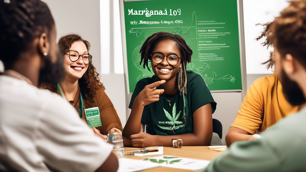 Create an image depicting a friendly, educational setting where diverse, curious adults are attending a Marijuana 101 class. Show a welcoming classroom with students engaged, a knowledgeable teacher p