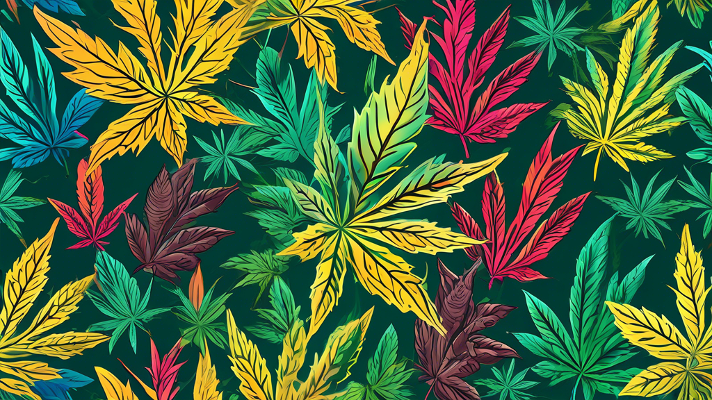 A vibrant digital illustration featuring a variety of marijuana leaves and buds with transparent backgrounds, displayed in a clean, organized layout on an artboard. The image should emphasize diverse 