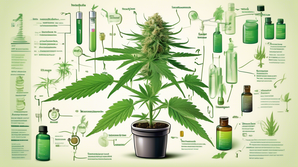 A detailed illustration of a marijuana plant with various annotations pointing out its different parts. Surround the plant with a collage of its uses, including medical prescription bottles, industria