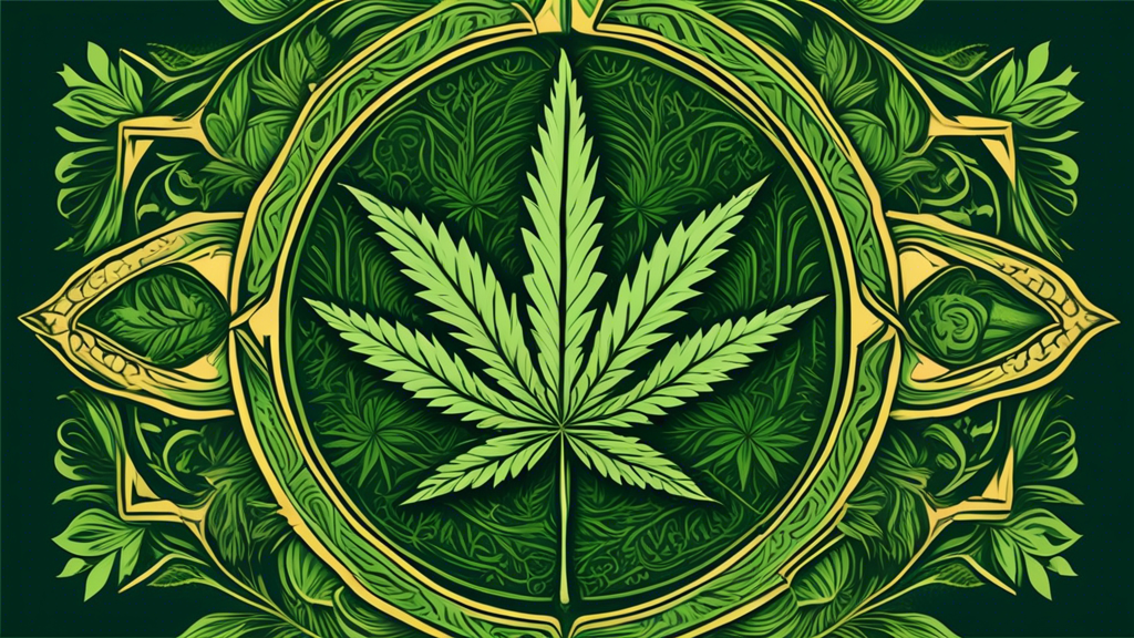 Create an image that masterfully explores the symbolism of the marijuana leaf. Incorporate elements such as a vibrant green marijuana leaf prominently displayed at the center. Surround the leaf with s