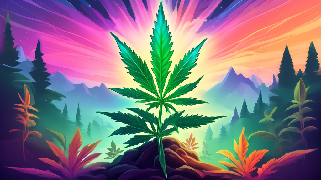 Create an image depicting a vibrant marijuana plant showcasing its iconic nine leaves, each leaf glowing with a unique color to signify its importance. The background features a serene natural landsca