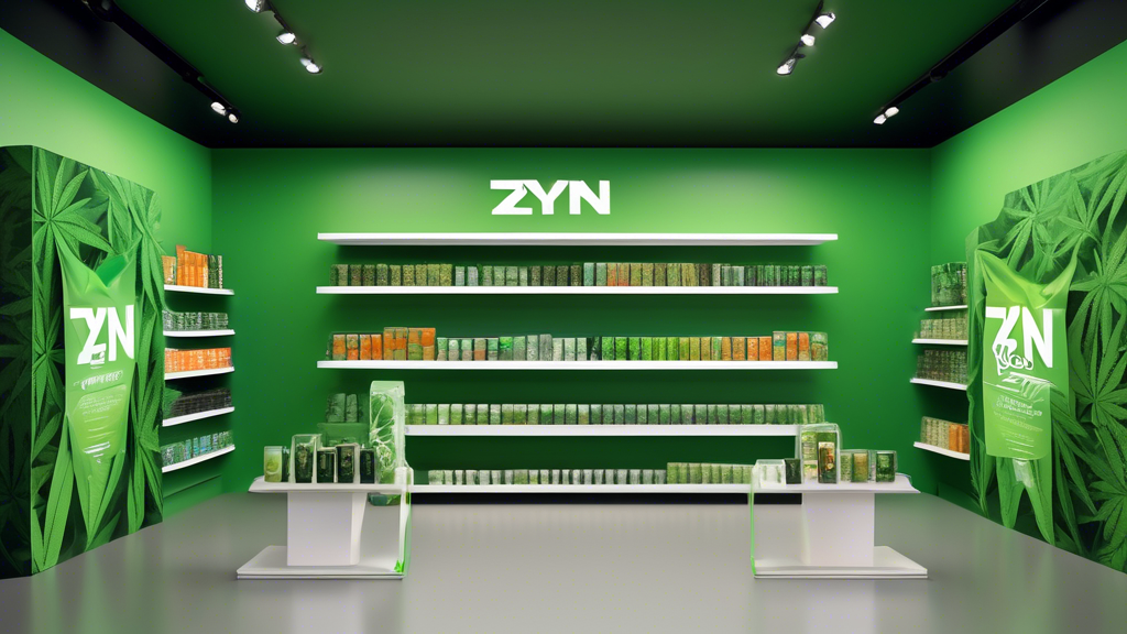 Create a scene depicting the rise of marijuana-infused Zyn pouches, with vibrant and eye-catching packaging. Show a display shelf in a modern, trendy store with customers curiously examining the produ