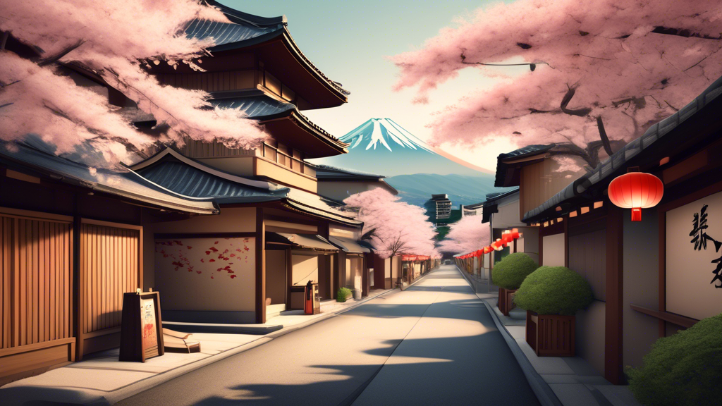 Create an image of a traditional Japanese street with a serene, cultural atmosphere. Integrate subtle references to marijuana laws and public opinions, such as a small, discreet sign in Japanese regar