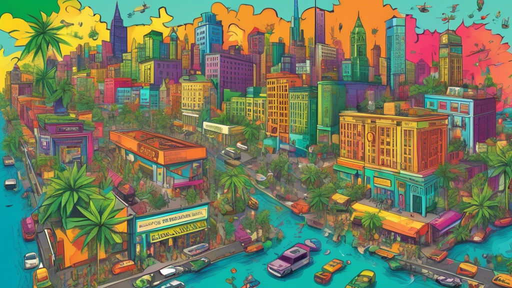 A vibrant, illustrated map highlighting the locations of the top-rated marijuana stores in a bustling, colorful cityscape.