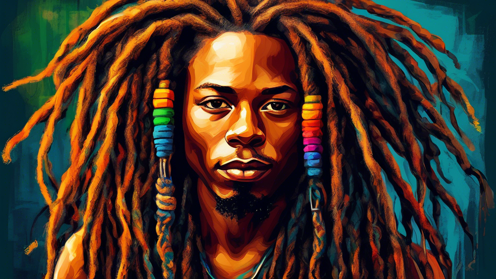 Create a vibrant and lively portrait of a person with beautifully styled dreadlocked hair, showcasing the texture and intricacy of the locks. Capture the richness and diversity in color and length, se