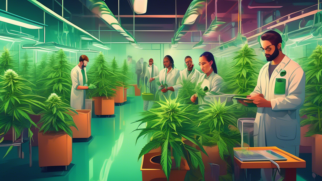 Create an image depicting a vibrant scene within the marijuana industry, showcasing various job opportunities. The setting should be a modern, state-of-the-art indoor marijuana cultivation and product