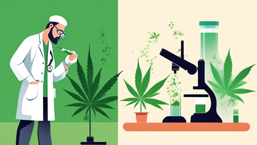 Create an image that visually compares marijuana and weed. On the left side, depict a scientist in a lab coat analyzing a cannabis plant under a microscope with the label Marijuana above. On the right