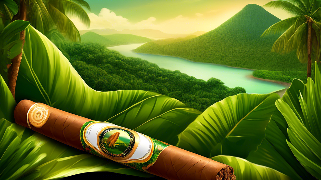 Create an image of a luxurious cigar with a detailed Brazilian shade wrapper, prominently labeled 'Macanudo Inspirado Brazilian Shade.' The cigar is set against a lush, green tropical Brazilian landsc